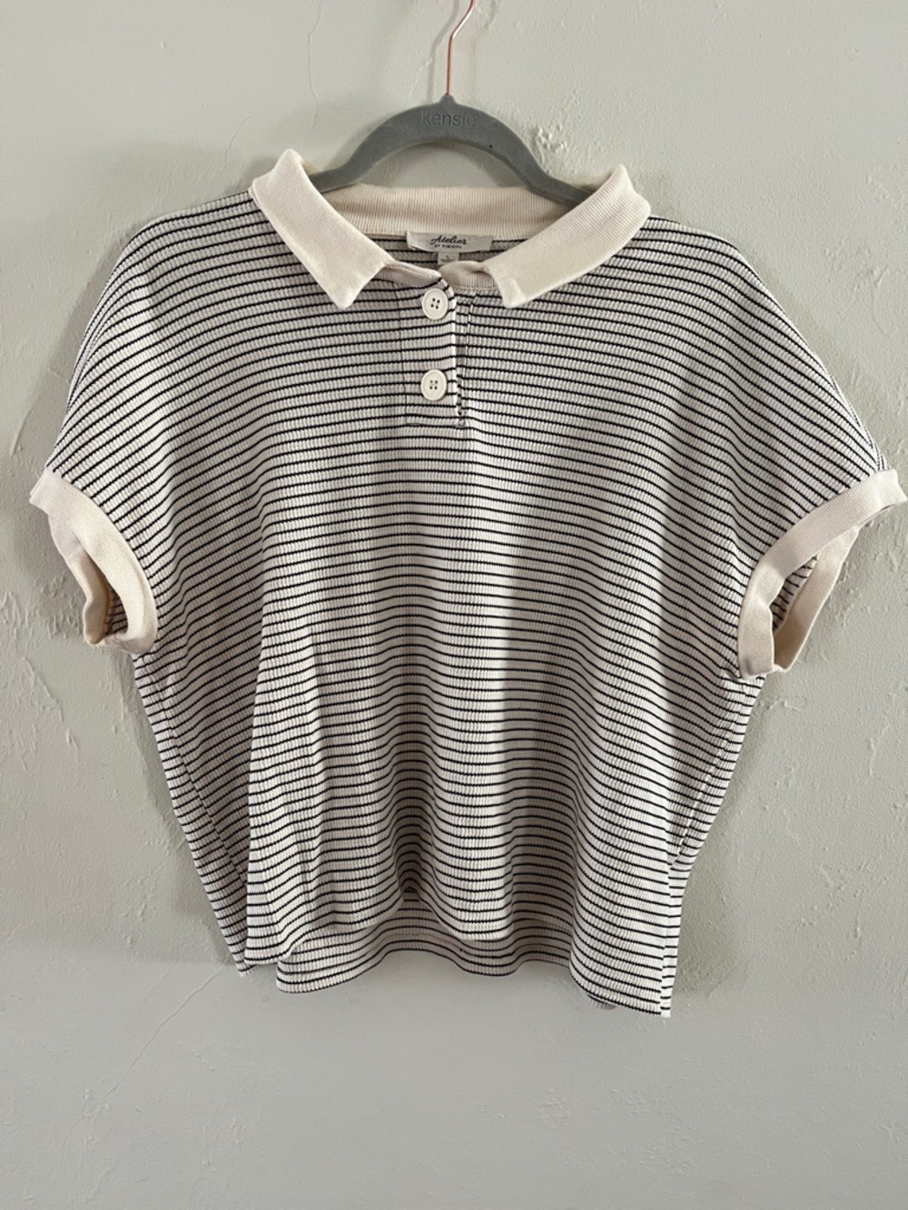 Atelier Striped Cream and Black Short Sleeve Top Nautical Coastal Collared Shirt